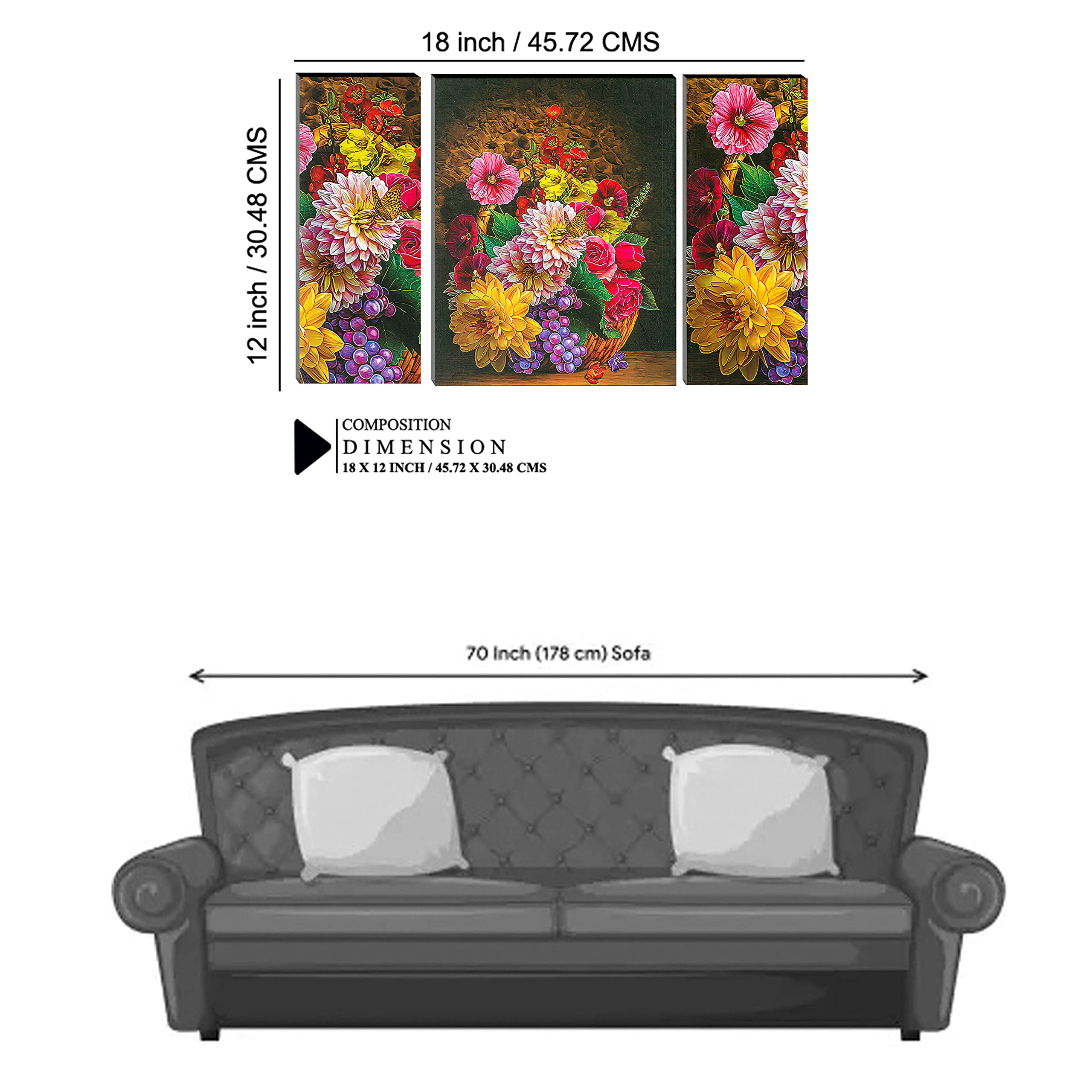 Indianara Set Of 3 Colourful Flowers Mdf Art Painting (3058Fl) Without Glass 4.5 X 12, 9 X 12, 4.5 X 12 Inch